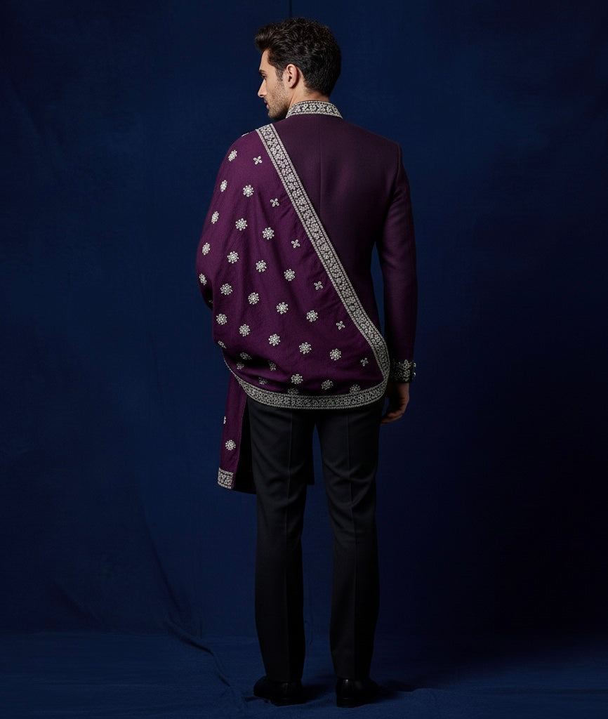 Royal Purple Jodhpuri Suit with Hand Embroidered Shawl – Luxury Designer Bandhgala