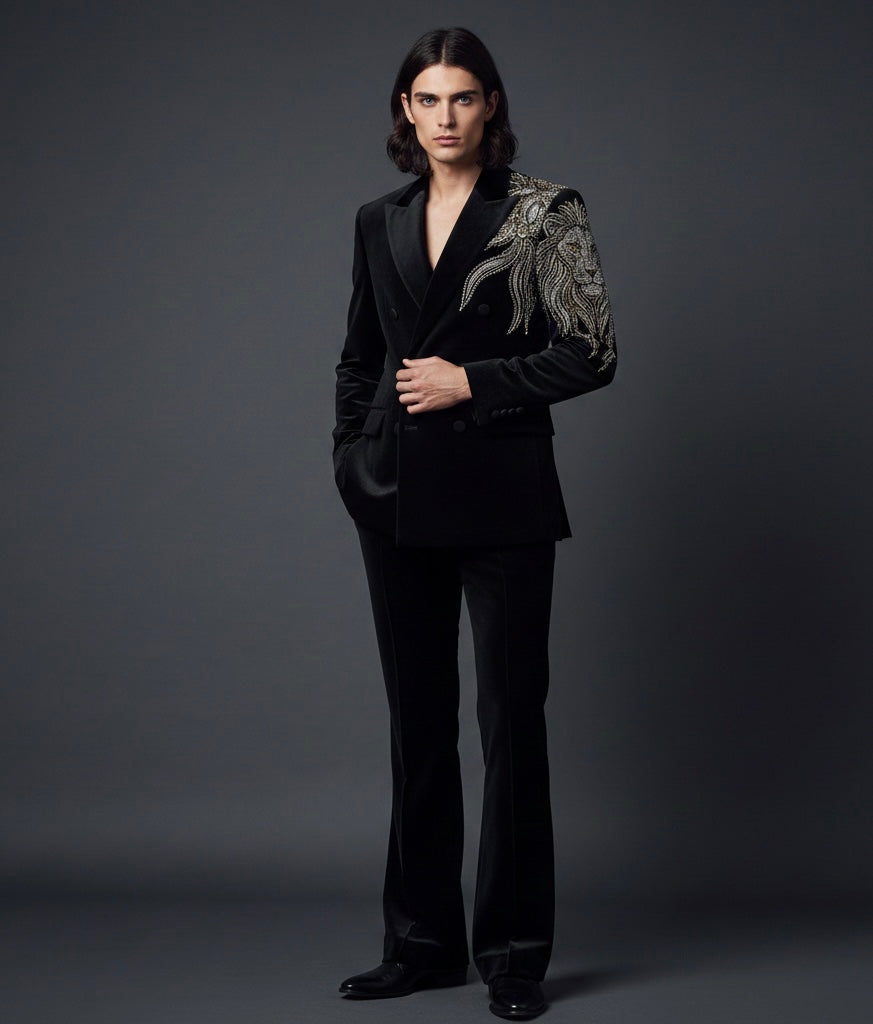 Royal Black Double-Breasted Suit with Lion Hand Embroidery – Luxury Designer Statement Suit