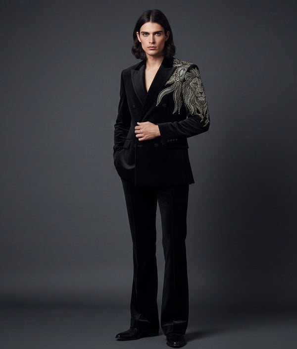 Royal Black Double-Breasted Suit with Lion Hand Embroidery – Luxury Designer Statement Suit