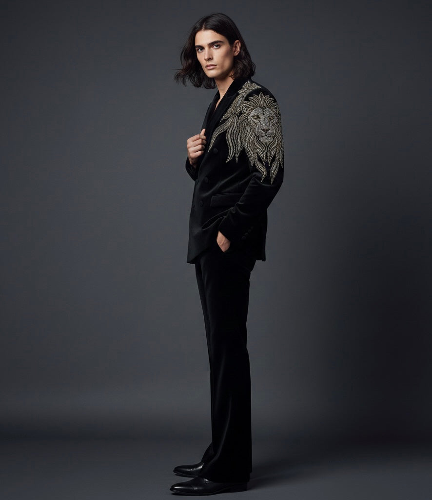 Royal Black Double-Breasted Suit with Lion Hand Embroidery – Luxury Designer Statement Suit