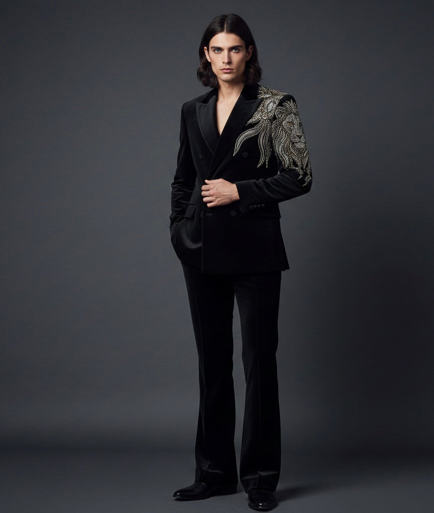 Royal Black Double-Breasted Suit with Lion Hand Embroidery – Luxury Designer Statement Suit