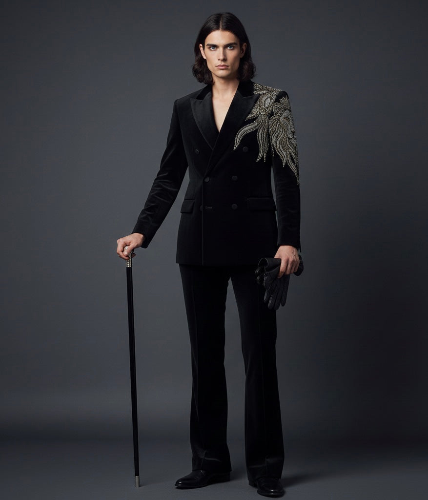 Royal Black Double-Breasted Suit with Lion Hand Embroidery – Luxury Designer Statement Suit