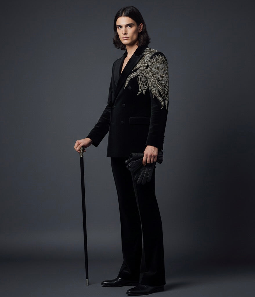 Royal Black Double-Breasted Suit with Lion Hand Embroidery – Luxury Designer Statement Suit