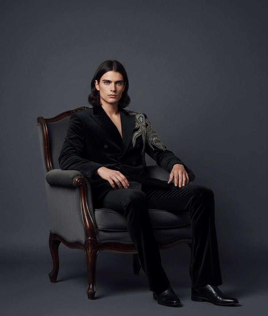 Royal Black Double-Breasted Suit with Lion Hand Embroidery – Luxury Designer Statement Suit