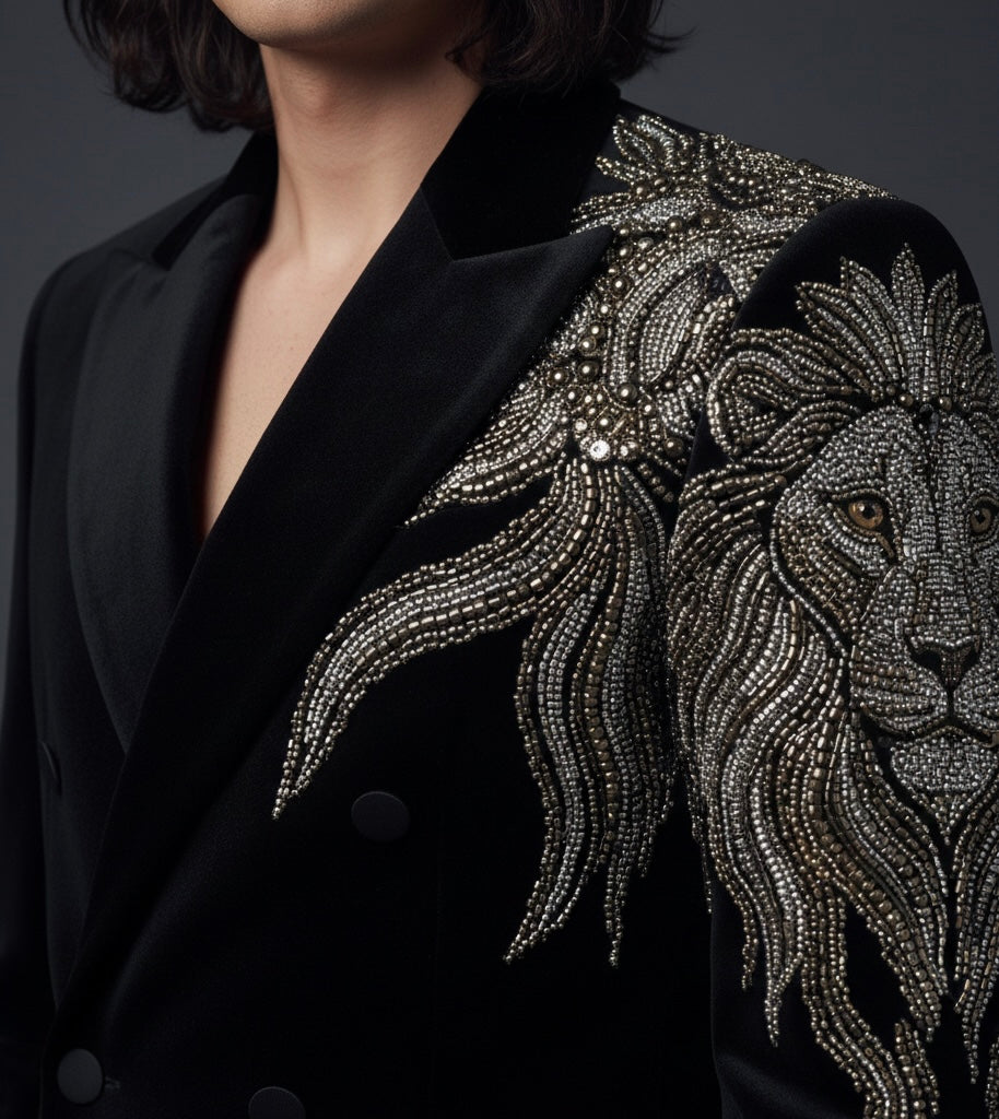 Royal Black Double-Breasted Suit with Lion Hand Embroidery – Luxury Designer Statement Suit