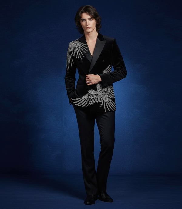 Man wearing a black suit with intricate silver embroidery against a blue background