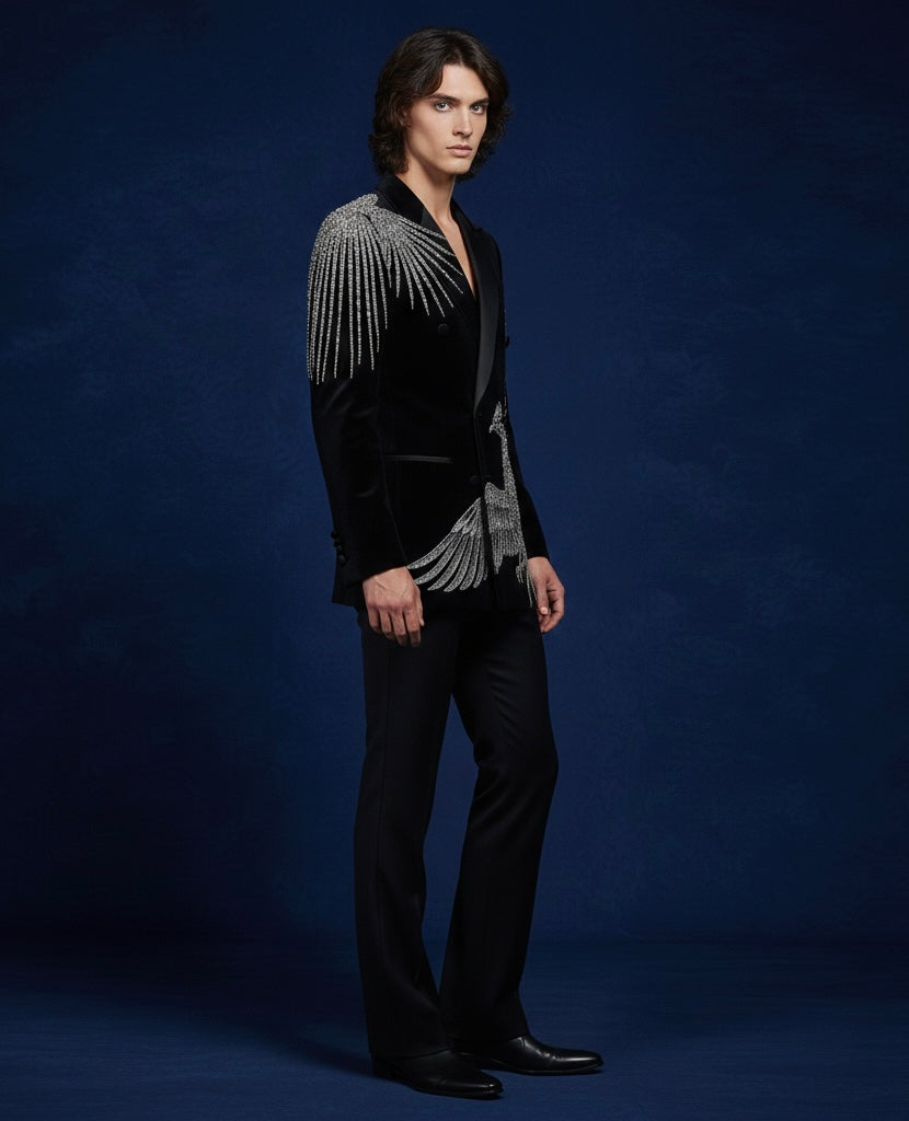 Royal Black Designer Suit with Intricate Silver Embroidery
