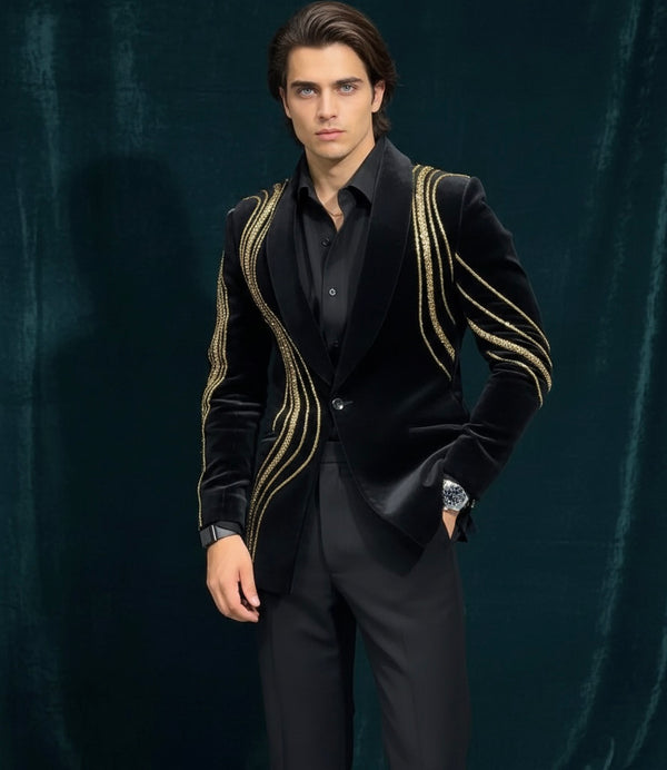 Luxury Black Velvet Single-Breasted Blazer Suit with Gold Hand Embroidery