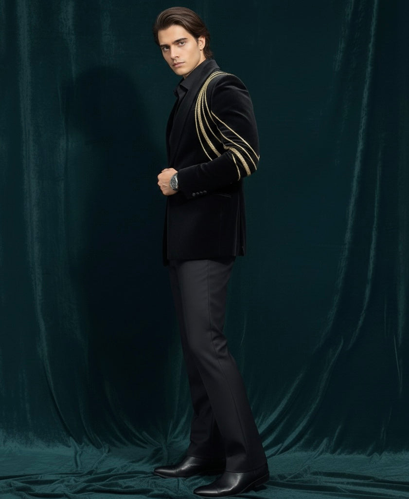 Luxury Black Velvet Single-Breasted Blazer Suit with Gold Hand Embroidery