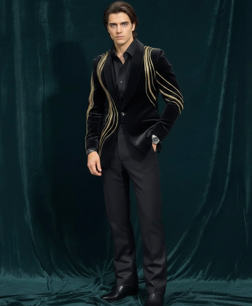 Luxury Black Velvet Single-Breasted Blazer Suit with Gold Hand Embroidery