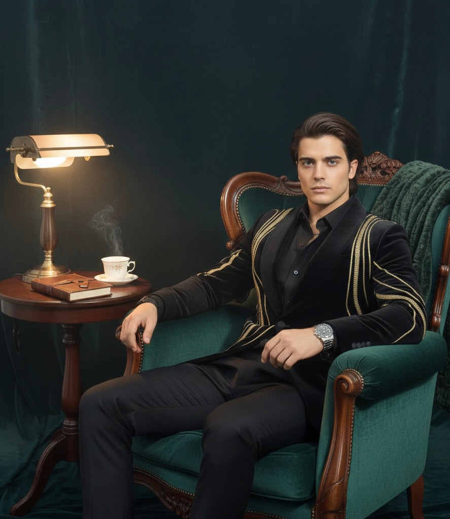 Luxury Black Velvet Single-Breasted Blazer Suit with Gold Hand Embroidery