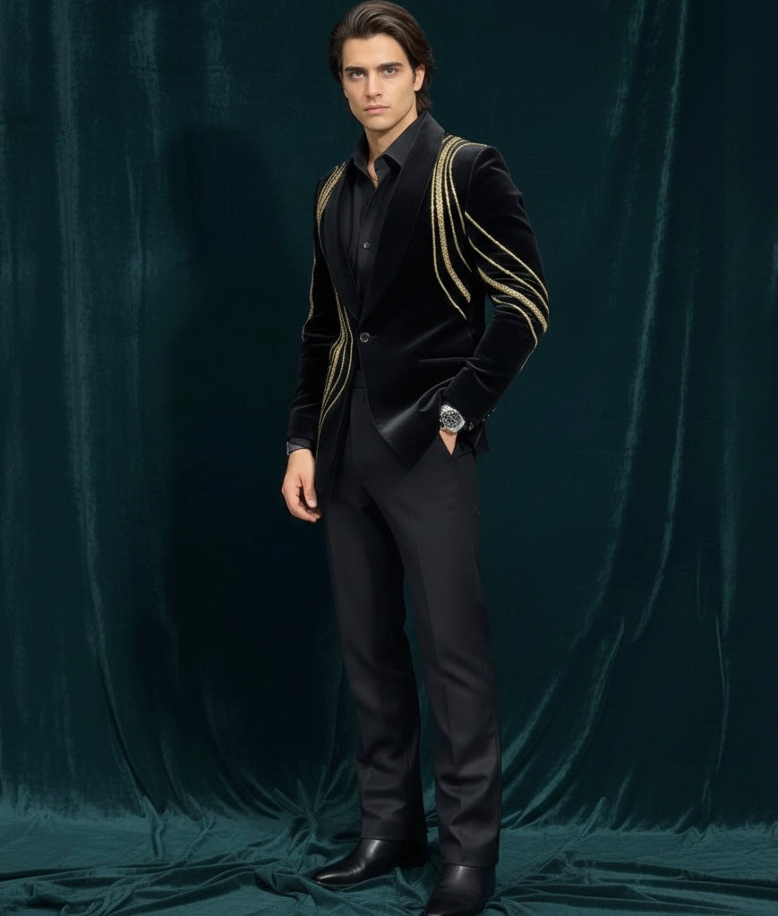 Luxury Black Velvet Single-Breasted Blazer Suit with Gold Hand Embroidery
