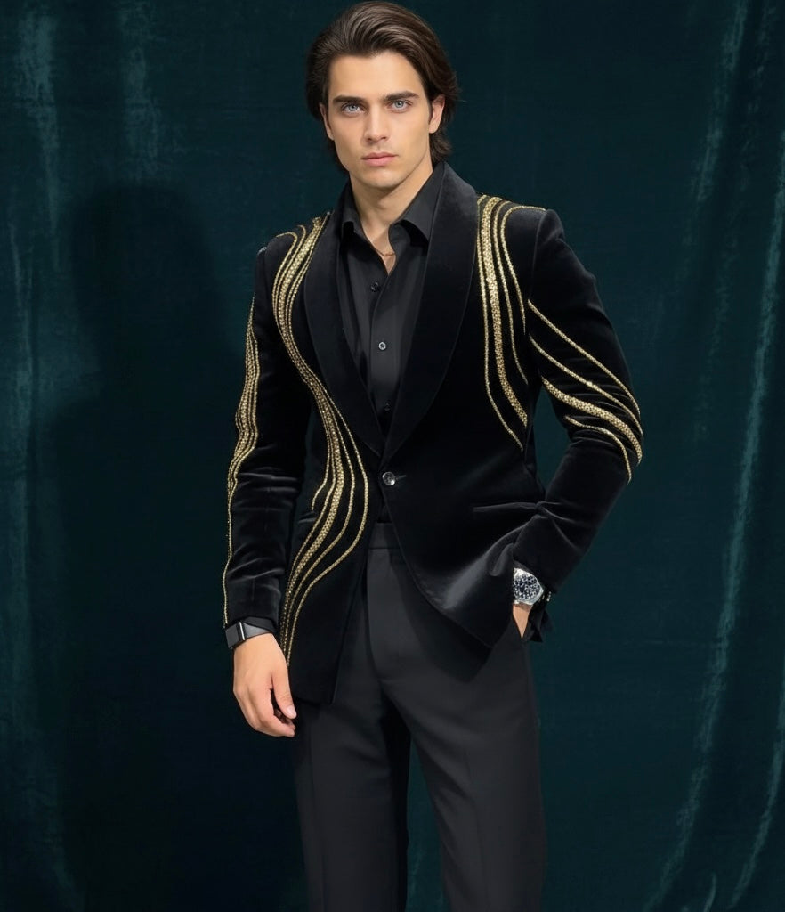 Luxury Black Velvet Single-Breasted Blazer Suit with Gold Hand Embroidery