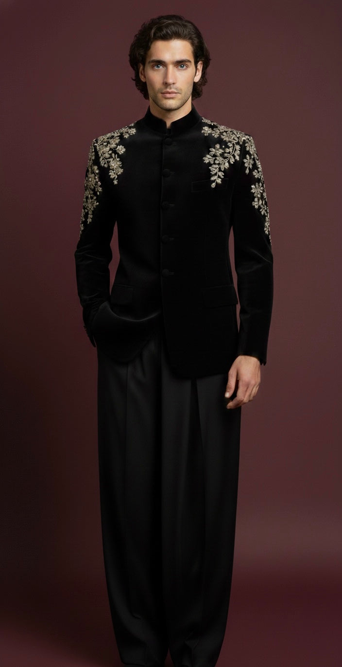 Royal Black Velvet Bandhgala Jodhpuri Suit with Gold Floral Motif Hand Embroidery