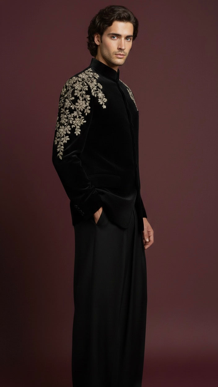 Royal Black Velvet Bandhgala Jodhpuri Suit with Gold Floral Motif Hand Embroidery