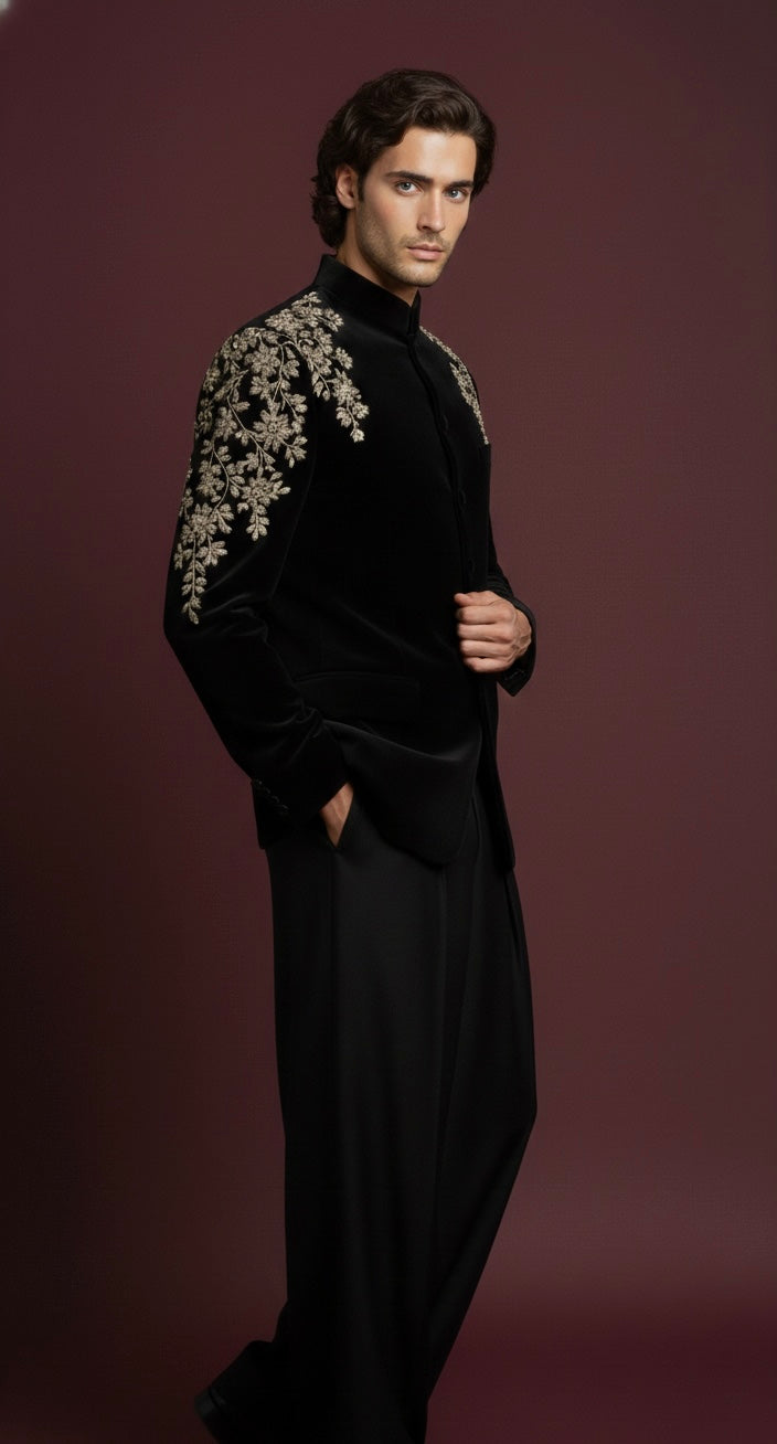 Royal Black Velvet Bandhgala Jodhpuri Suit with Gold Floral Motif Hand Embroidery