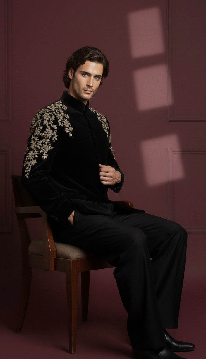 Royal Black Velvet Bandhgala Jodhpuri Suit with Gold Floral Motif Hand Embroidery