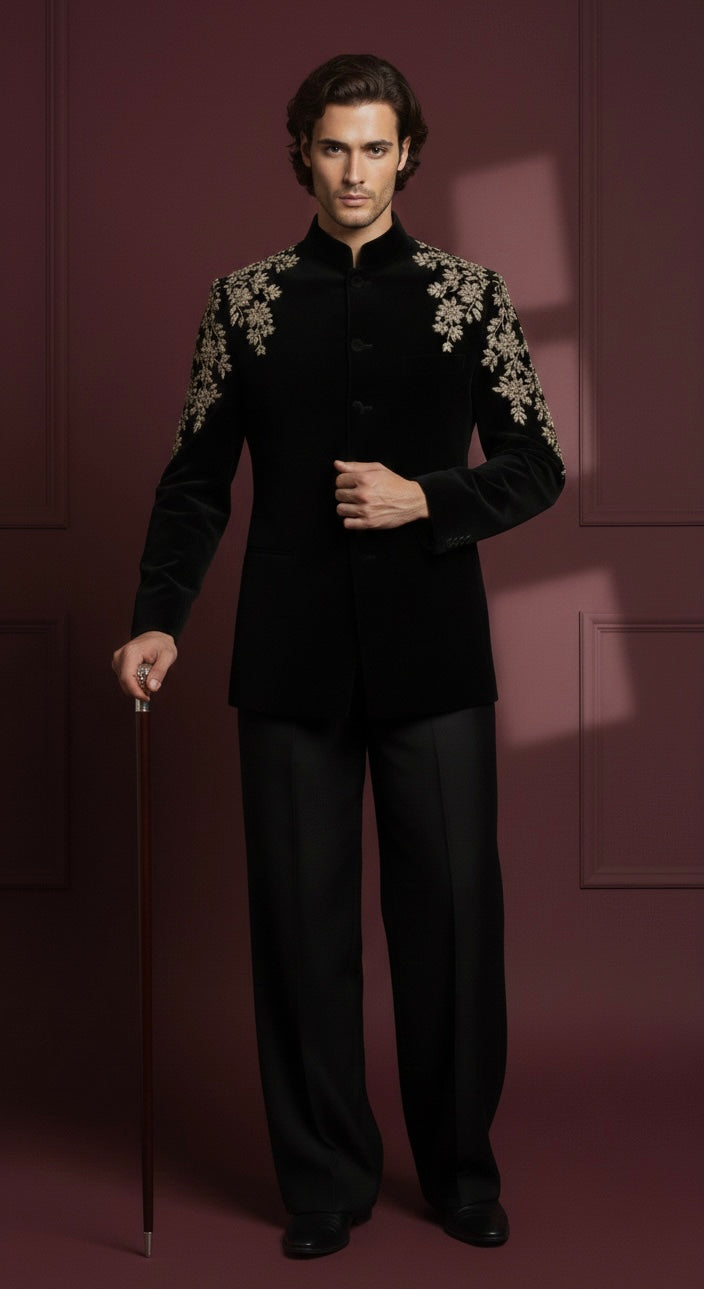 Royal Black Velvet Bandhgala Jodhpuri Suit with Gold Floral Motif Hand Embroidery