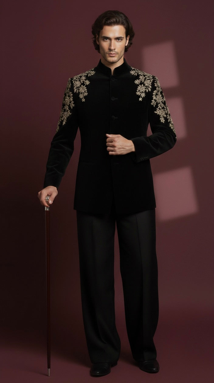 Man in a black velvet suit with floral embroidery holding a cane against a maroon background