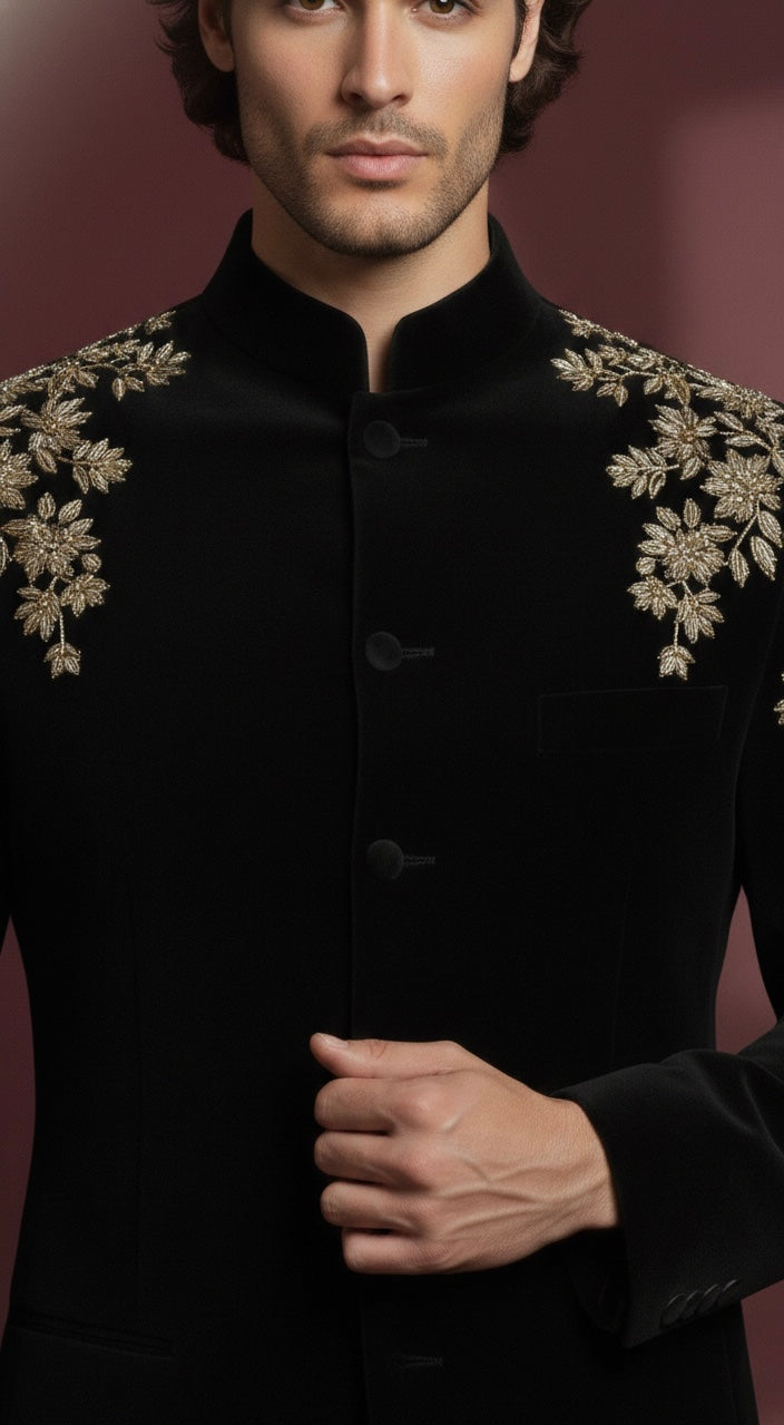 Royal Black Velvet Bandhgala Jodhpuri Suit with Gold Floral Motif Hand Embroidery