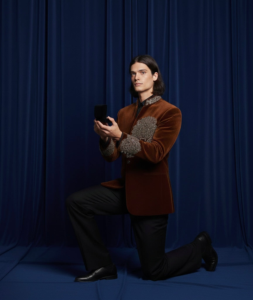 Royal Brown Velvet Single-Button Jodhpuri Suit with Lion Emblem Hand Embroidery