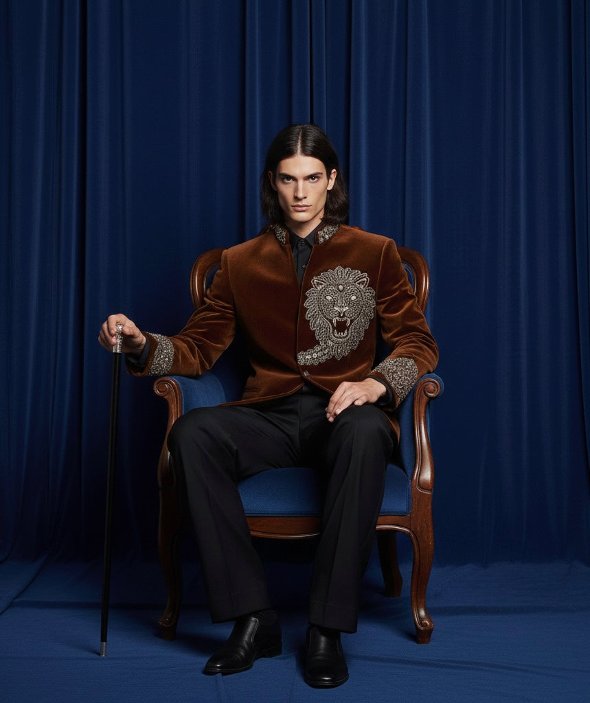 Royal Brown Velvet Single-Button Jodhpuri Suit with Lion Emblem Hand Embroidery