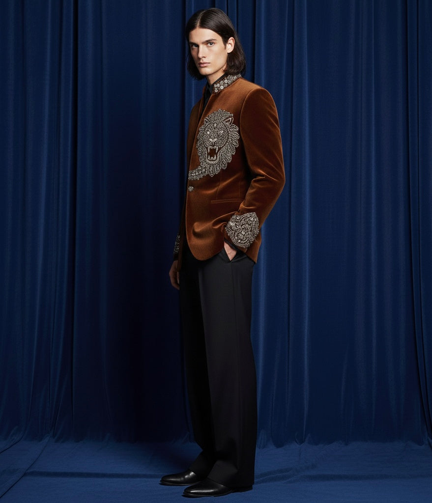 Royal Brown Velvet Single-Button Jodhpuri Suit with Lion Emblem Hand Embroidery