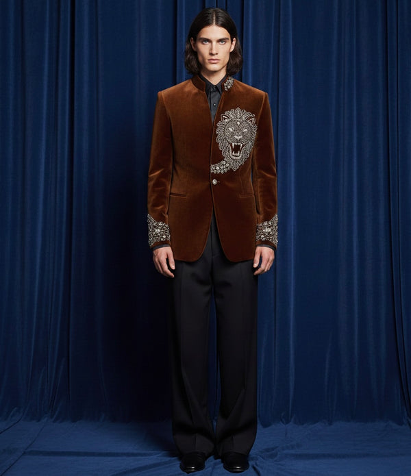 Royal Brown Velvet Single-Button Jodhpuri Suit with Lion Emblem Hand Embroidery