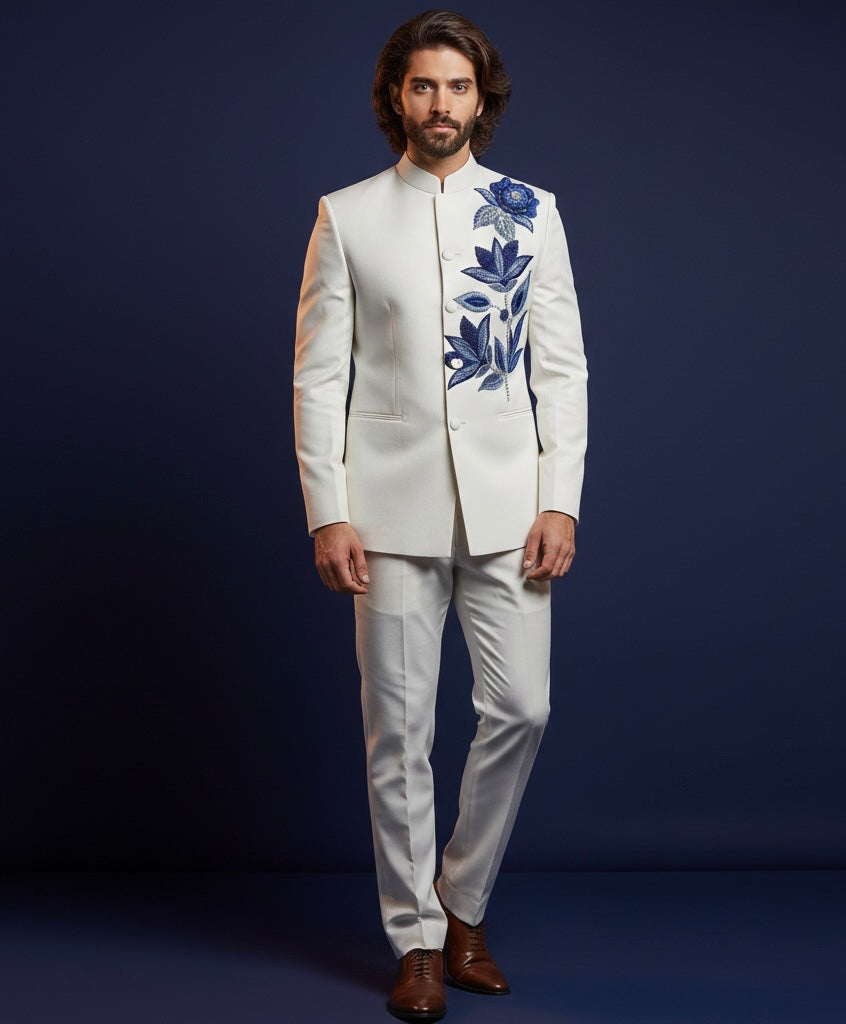 Man wearing a white suit with blue floral embroidery on a dark blue background