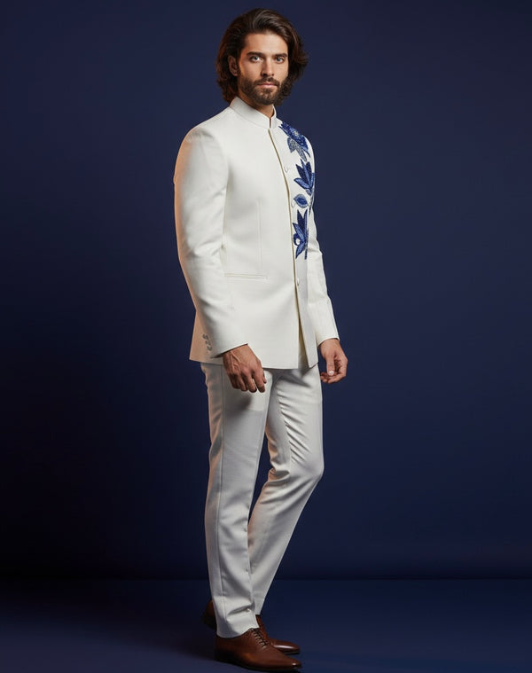 Royal White Bandhgala Jodhpuri Suit with Luxury Blue Floral Embroidery