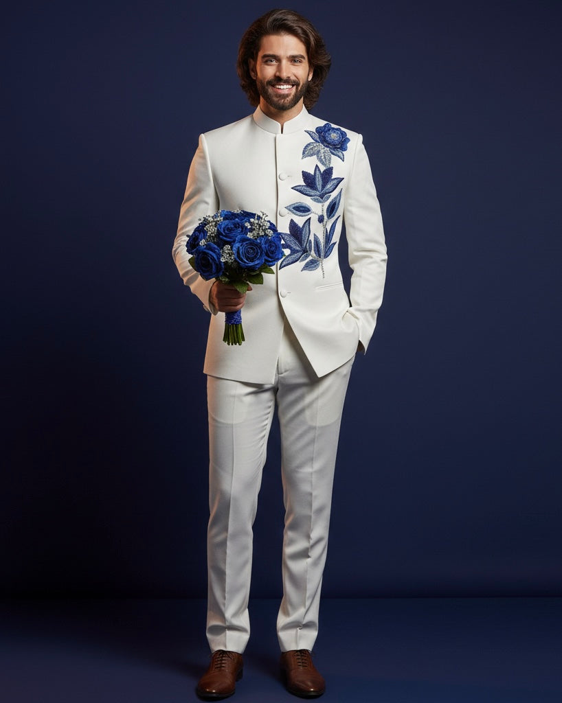 Royal White Bandhgala Jodhpuri Suit with Luxury Blue Floral Embroidery