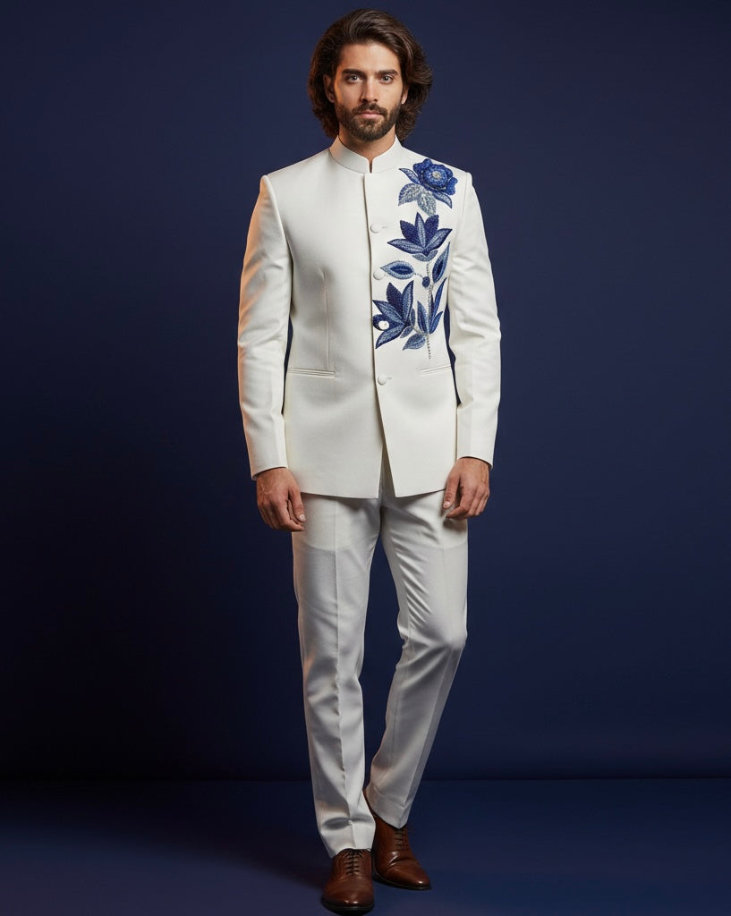 Royal White Bandhgala Jodhpuri Suit with Luxury Blue Floral Embroidery
