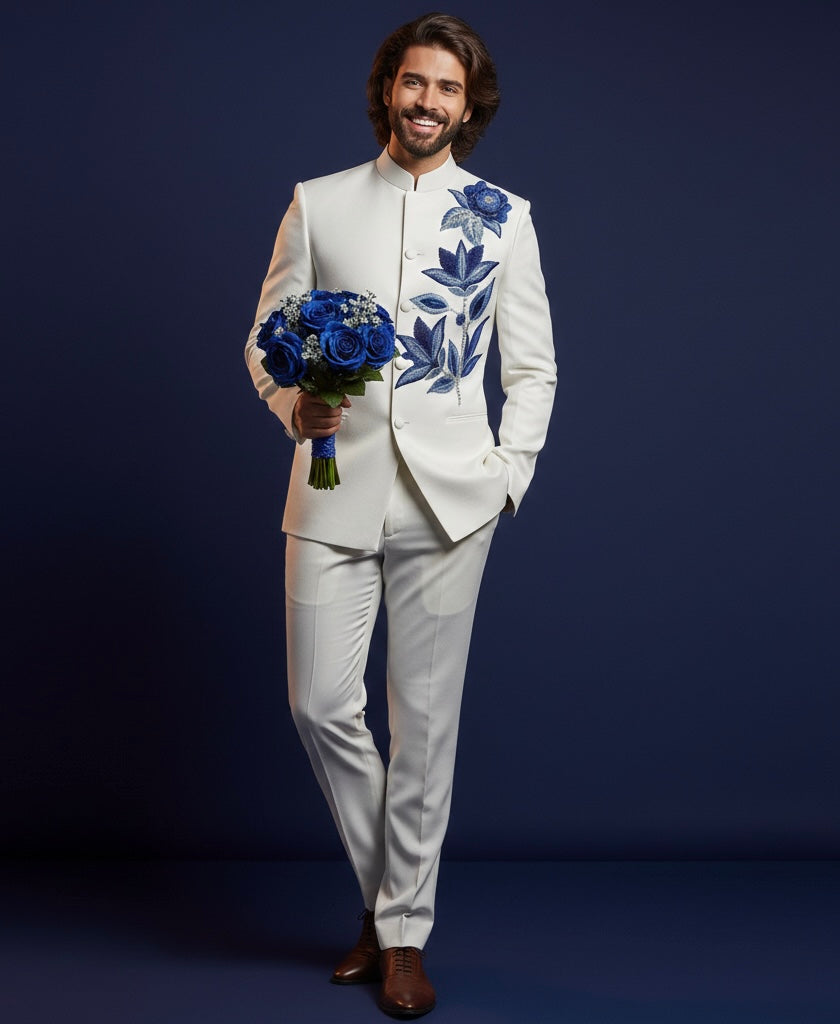 Royal White Bandhgala Jodhpuri Suit with Luxury Blue Floral Embroidery