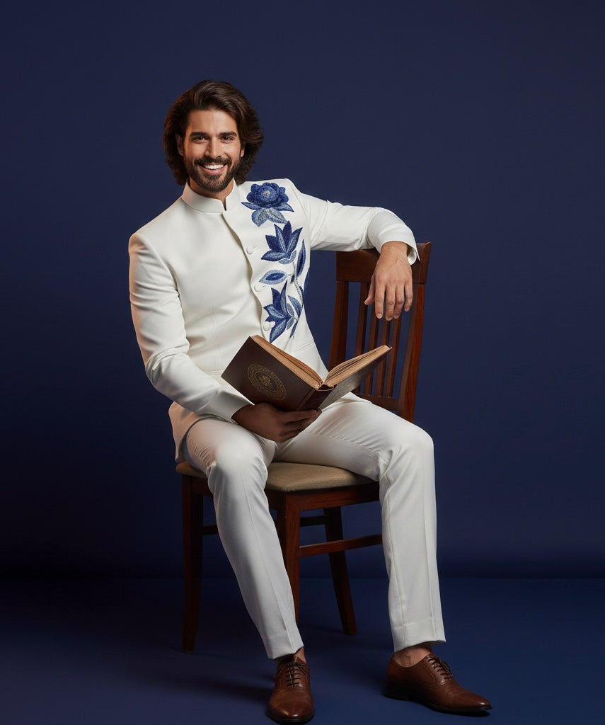 Royal White Bandhgala Jodhpuri Suit with Luxury Blue Floral Embroidery