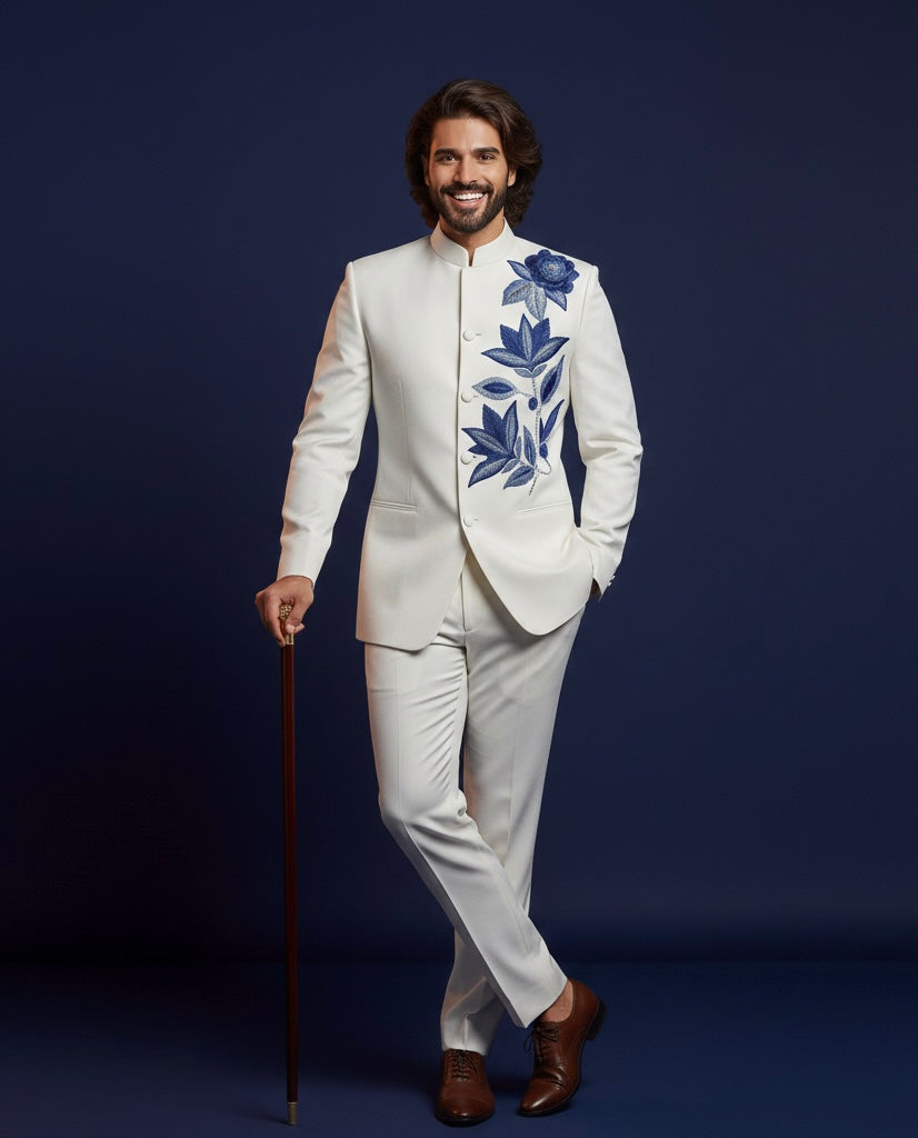 Royal White Bandhgala Jodhpuri Suit with Luxury Blue Floral Embroidery