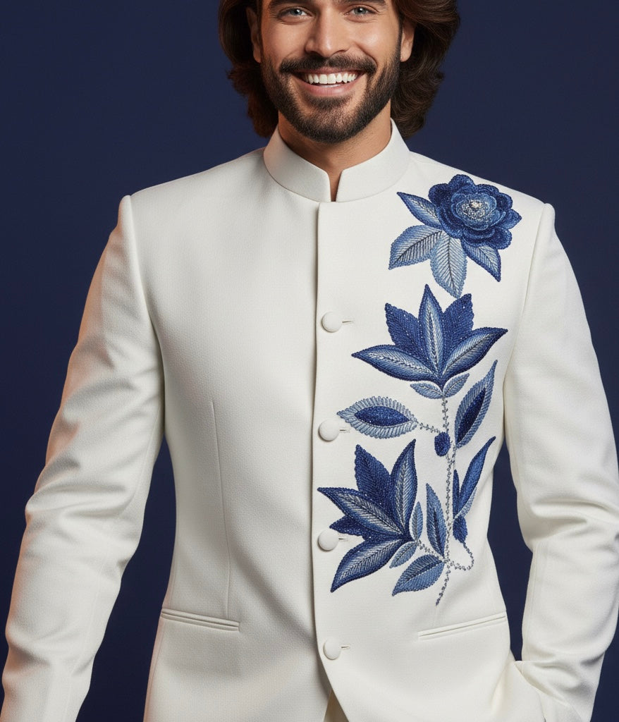 Royal White Bandhgala Jodhpuri Suit with Luxury Blue Floral Embroidery