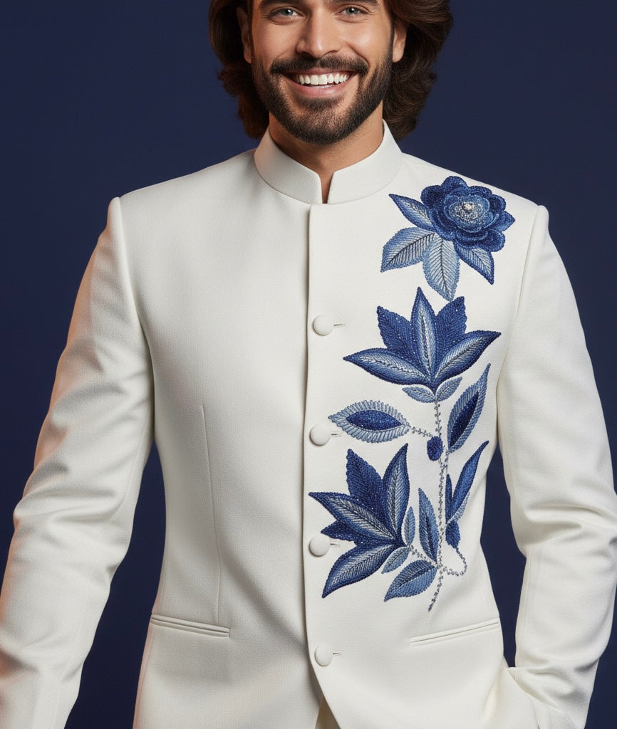 Royal White Bandhgala Jodhpuri Suit with Luxury Blue Floral Embroidery