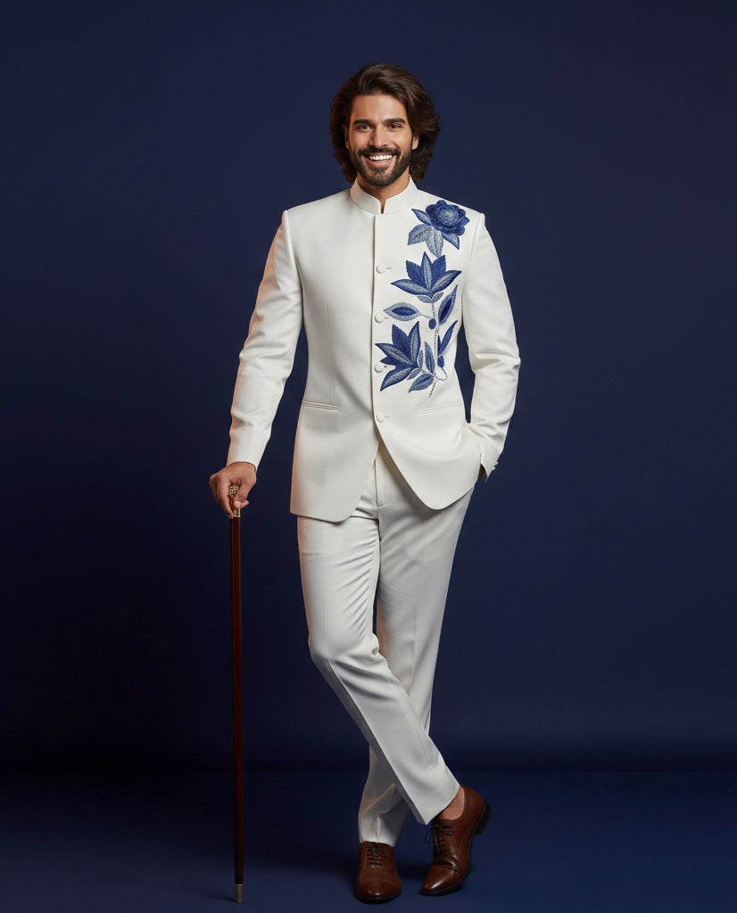 Royal White Bandhgala Jodhpuri Suit with Luxury Blue Floral Embroidery