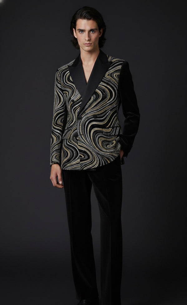 Luxury Rhythm Pattern Hand-Embroidered Blazer with Black Trousers