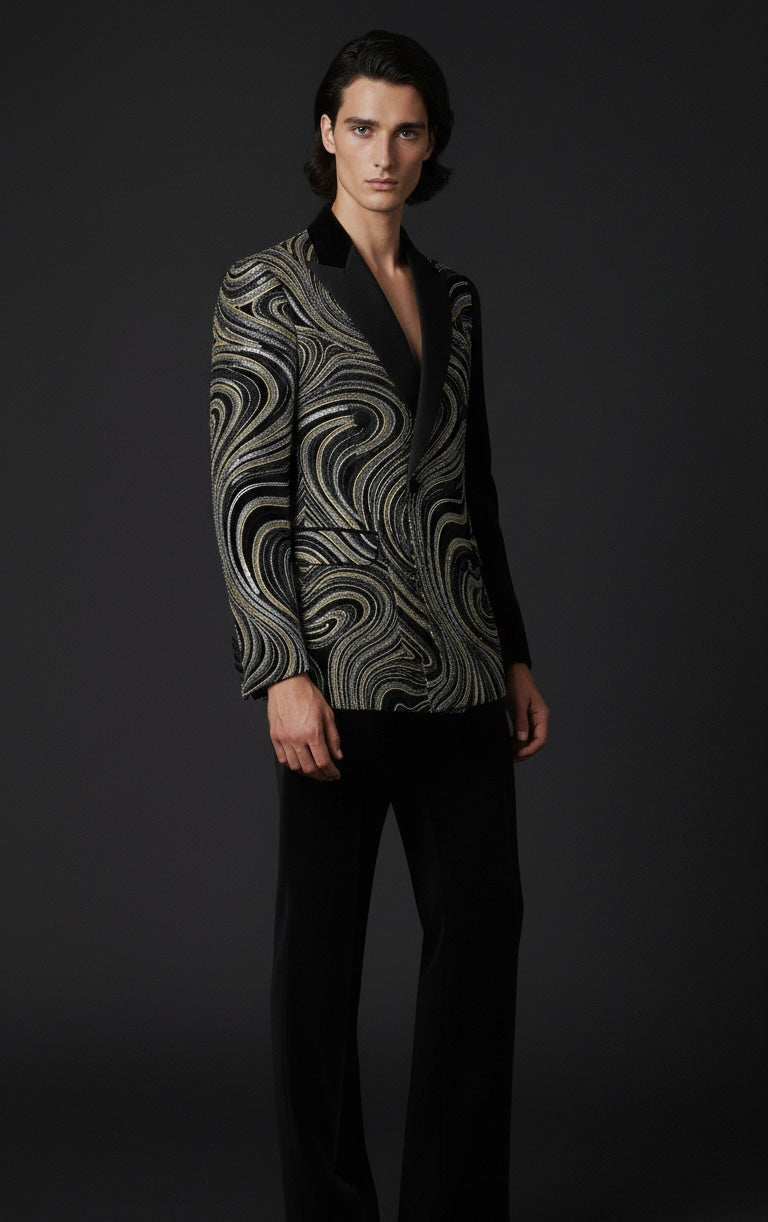 Luxury Rhythm Pattern Hand-Embroidered Blazer with Black Trousers