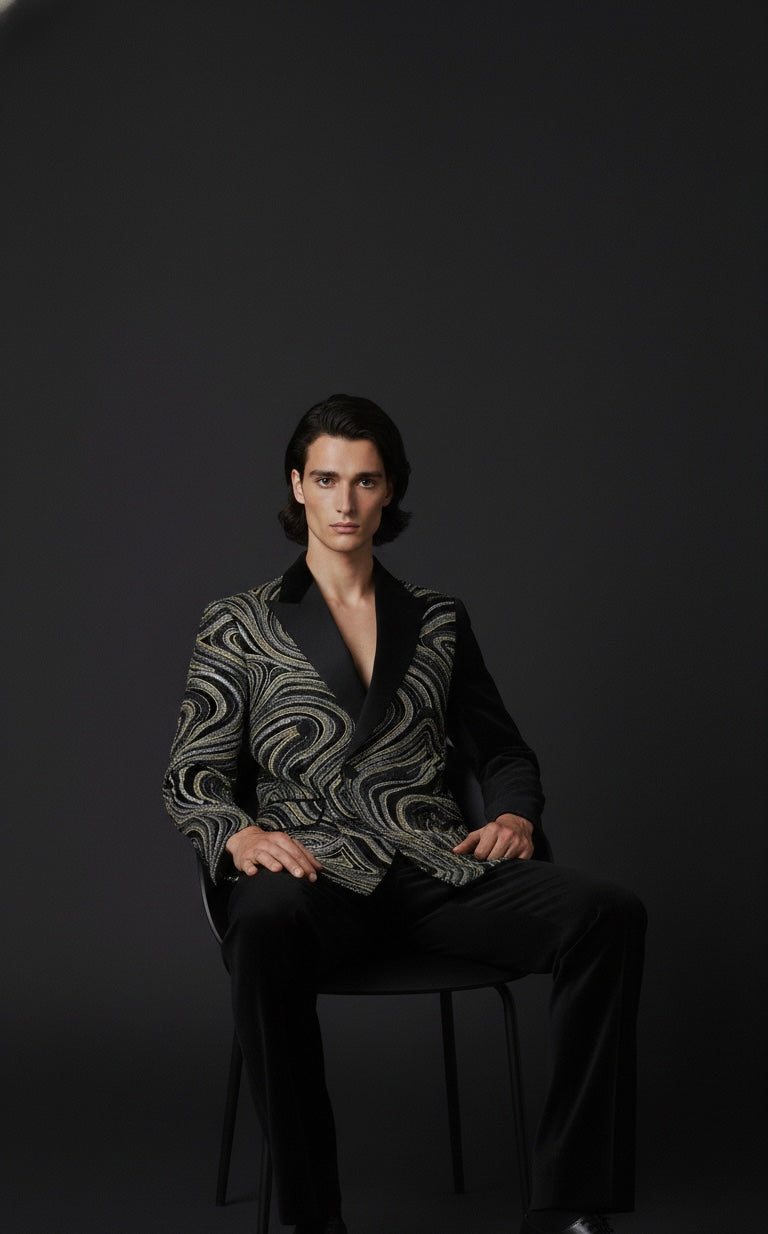 Luxury Rhythm Pattern Hand-Embroidered Blazer with Black Trousers