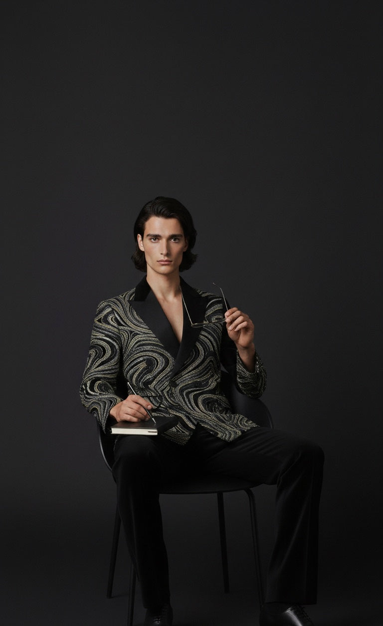 Luxury Rhythm Pattern Hand-Embroidered Blazer with Black Trousers