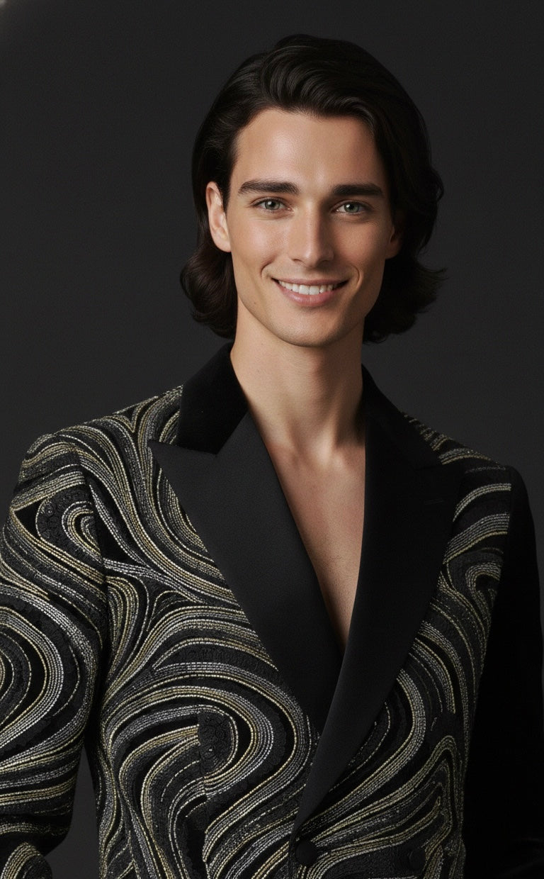 Luxury Rhythm Pattern Hand-Embroidered Blazer with Black Trousers