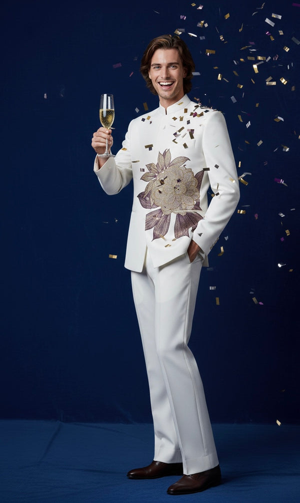 Luxury White Jodhpuri Bandhgala Suit with Floral Hand Embroidery