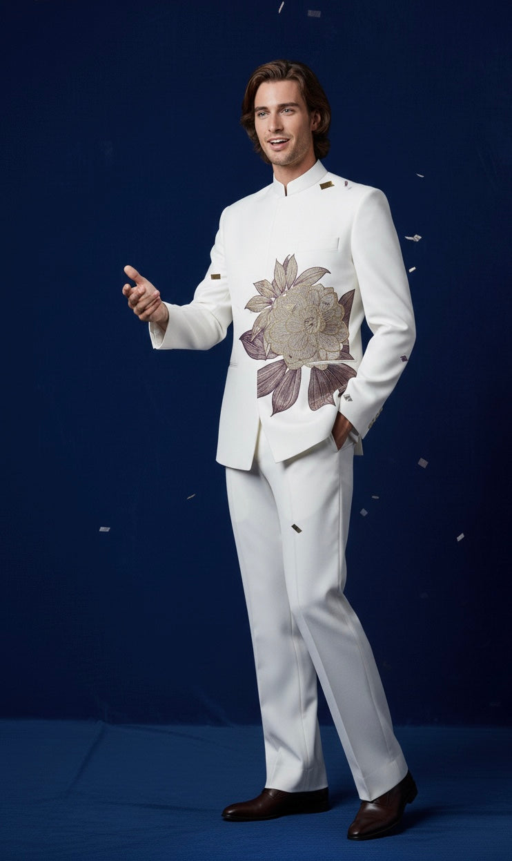 Luxury White Jodhpuri Bandhgala Suit with Floral Hand Embroidery