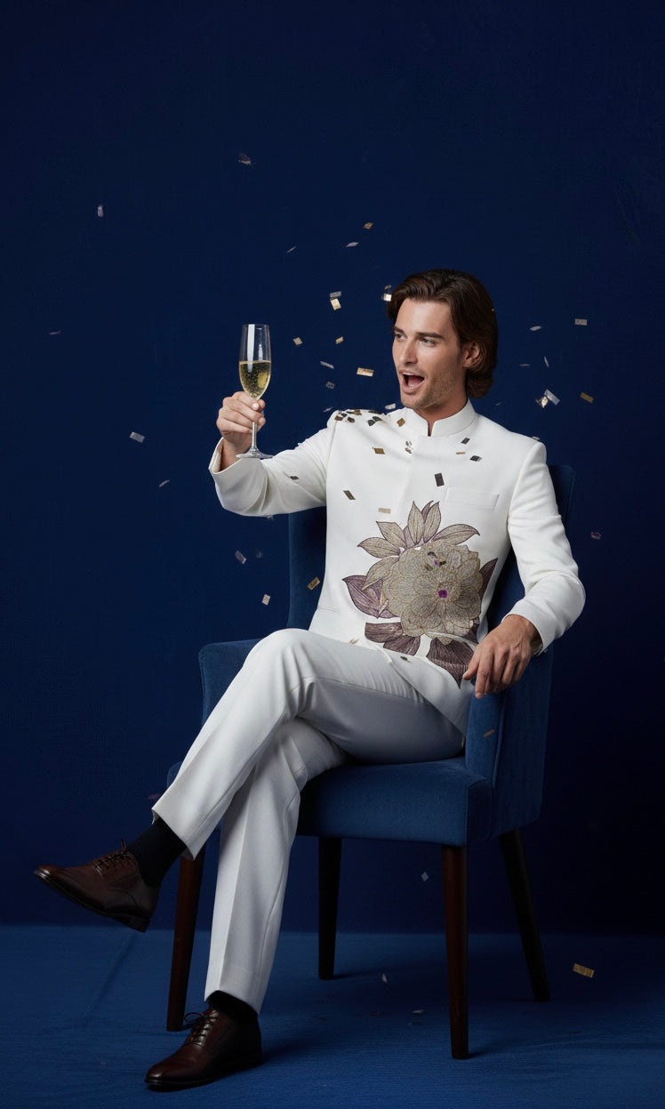 Luxury White Jodhpuri Bandhgala Suit with Floral Hand Embroidery