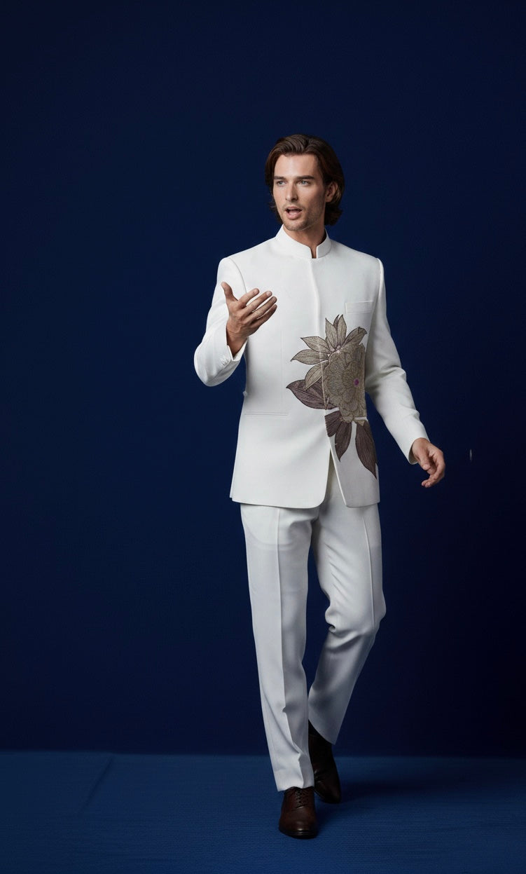 Luxury White Jodhpuri Bandhgala Suit with Floral Hand Embroidery