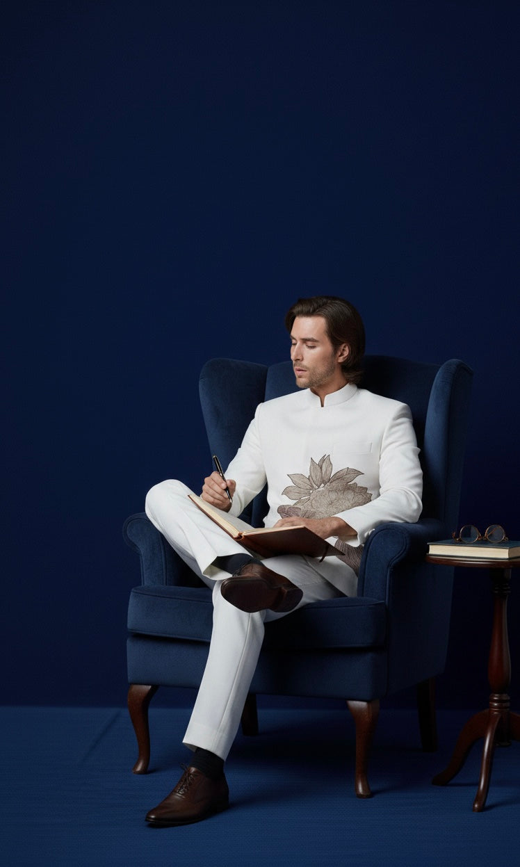 Luxury White Jodhpuri Bandhgala Suit with Floral Hand Embroidery
