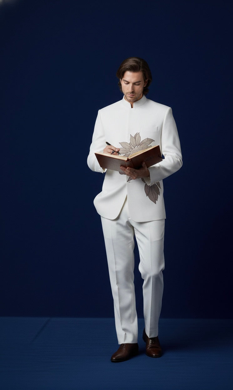 Luxury White Jodhpuri Bandhgala Suit with Floral Hand Embroidery