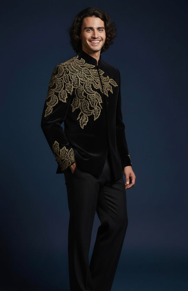 Man wearing a black outfit with gold embroidery